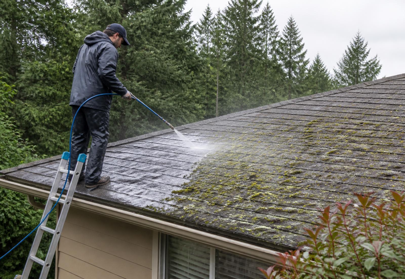 Technician soft washing moss off a residential roof near Edmonds, Washington